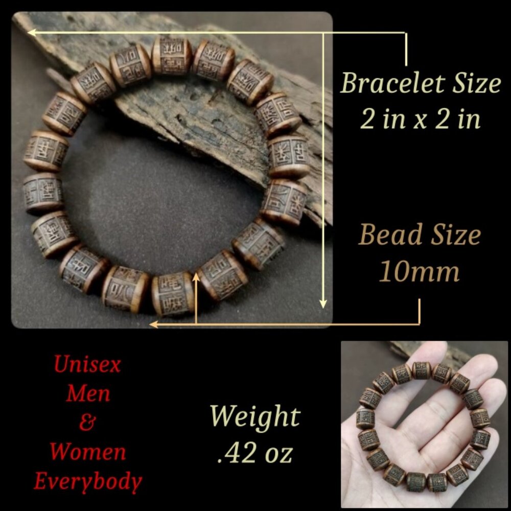 TIBETAN PRAYER BEAD BRACELET-Carved-Buddhist Mala-Ebony Wood-Elastic-Jewelry NEW - Picture 8 of 8